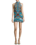 Halter-Neck Printed Mini Dress, Blue
