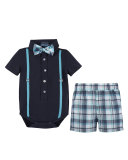 Short-Sleeve Polo Suspender Shirtzie w/ Plaid Shorts, Navy, Size 3-24 Months
