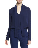 Britni Long-Sleeve Silk Tie-Neck Top, Midnight