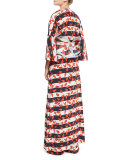 St. Croix Leaf-Print Striped Kimono Coat, Red/White/Blue