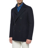 Double-Breasted Cashmere Pea Coat, Dark Blue