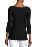Checkered Bateau-Neck 3/4-Sleeve Top, Black