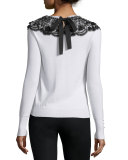 Long-Sleeve Lace-Collar Knit Sweater, Black/White