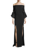 Off-the-Shoulder Bell-Sleeve Gown, Black