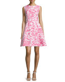 Rose-Jacquard Sleeveless A-Line Dress, Hot Pink/White