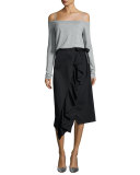 Asymmetric Ruffle Wrap Midi Skirt, Black