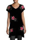 Auri Short-Sleeve Rose-Embroidered Velvet Tunic, Black