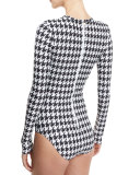 UPF 50 Long-Sleeve Houndstooth-Print Swimsuit
