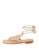 Kacia Woven Flat Ankle-Wrap Sandal, Warm Gold