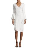 Lace-Up Knit V-Neck Dress, Ivory