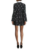Lily Long-Sleeve Printed Mini Dress, Black/Ivory