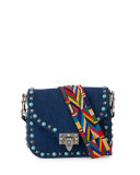 Rockstud Rolling Small Denim Guitar-Strap Crossbody Bag, Denim/Multi