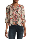 Aldona Floral-Print Ruffle Top, Black