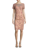 Short-Sleeve Embroidered Sheath Dress, Mauve