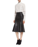 Flared Leather Godet Midi Skirt, Black