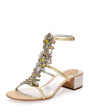 Jeweled Snakeskin T-Strap Sandal, Silver/Rose Gold