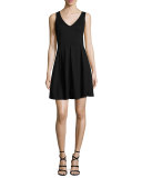 Sleeveless Pleated Fit-and-Flare Dress, Black