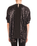 Sequined Tucked-Sleeve Top, Black