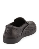 Woven Leather Slip-On Sneaker, Black