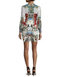 Long-Sleeve Fish-Print Jersey & Chiffon Dress 