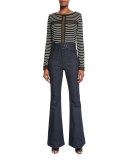 Belted High-Waist Flare-Leg Jeans, Indigo