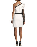 One-Shoulder Lace-Sleeve Minidress, White/Black