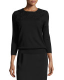 3/4-Sleeve Lace-Trim Silk-Blend Sweater, Black/Black