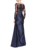 Long-Sleeve Ruched Lace & Satin Gown, Navy