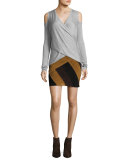 Melange Cold-Shoulder Surplice Sweater, Gray