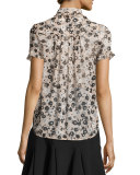 pleated silk chiffon posy grove blouse, neutral