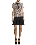 pleated silk chiffon posy grove blouse, neutral