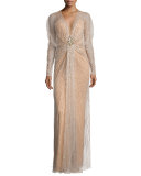 Long-Sleeve Embellished-Overlay Gown, Illusion