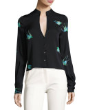 Cropped Bird-Print Silk Jersey V-Neck Shirt, Black