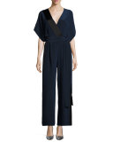 Faux-Wrap Silk Kimono Jumpsuit, Blue