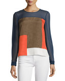 Reagan Long-Sleeve Silk Colorblock Top, Midnight/Orange/Canvas