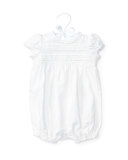 Pintucked Linen-Blend Bubble Shortall, White, Size 3-18 Months