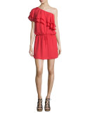 Silk One-Shoulder Ruffle Dress, Battle Red