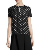Polka-Dot Short-Sleeve Blouse, Black/White