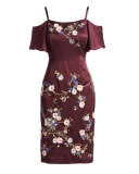 Embroidered Cold-Shoulder Silk Satin Dress, Wine/Multicolor