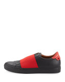 Contrast-Banded Leather Slip-On Sneaker, Black/Red
