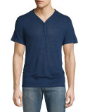 Short-Sleeve Linen-Blend Henley T-Shirt, Regal Blue