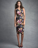 Sleeveless Floral Stretch Crepe Midi Dress, Black/Pink/Orange
