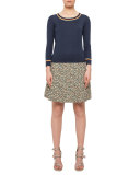 Bracelet-Sleeve Sweater w/Contrast Stripes, Denim