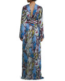 Long-Sleeve Printed Gown, Celeste/Muschio