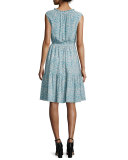 Sleeveless Split-Neck Tiered Dress, Turquoise/Combo