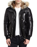 Leather Down Bomber Jacket w/Coyote & Rabbit Fur Trim, Black