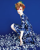 3/4-Sleeve Petal-Print Party Dress, Cobalt