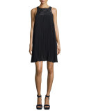 Sleeveless Pleated Shift Dress, Black