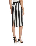 Striped Leather-Trim Pencil Skirt