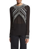 Embroidered-Yoke Long-Sleeve Blouse, Black